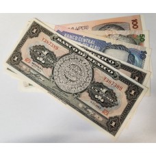 MEXICO 1965 . ONE 1 PESO BANKNOTES . CONSECUTIVE PAIR and PERU 1985-1987 . TEN 10 - ONE HUNDRED 100 INTIS